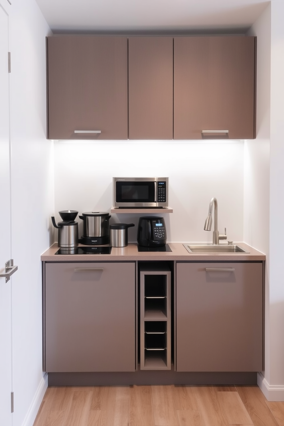 A compact kitchenette featuring sleek cabinetry in a modern design. The space includes a small island with bar seating, stainless steel appliances, and a minimalist backsplash that complements the cabinetry. The walls are painted in a light neutral tone to enhance the brightness of the area. Under-cabinet lighting illuminates the countertop, creating a warm and inviting atmosphere for cooking and entertaining.