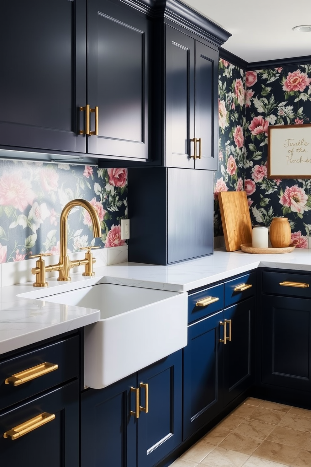 A stylish basement kitchen featuring an accent wall adorned with bold floral wallpaper. The cabinetry is a deep navy blue, complemented by brass hardware and a large farmhouse sink.