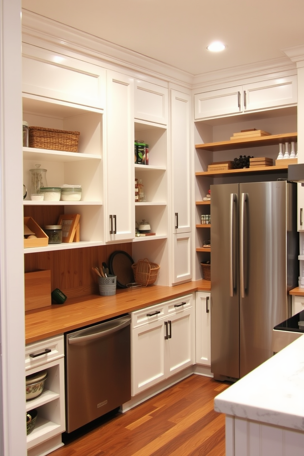 A cozy basement kitchen featuring warm wood tones throughout the cabinetry and shelving. The space is illuminated by soft pendant lights hanging above a large island with bar seating. The walls are painted in a light neutral shade to enhance the warmth of the wood. A farmhouse sink is positioned under a window, with open shelving displaying rustic dishware and plants.