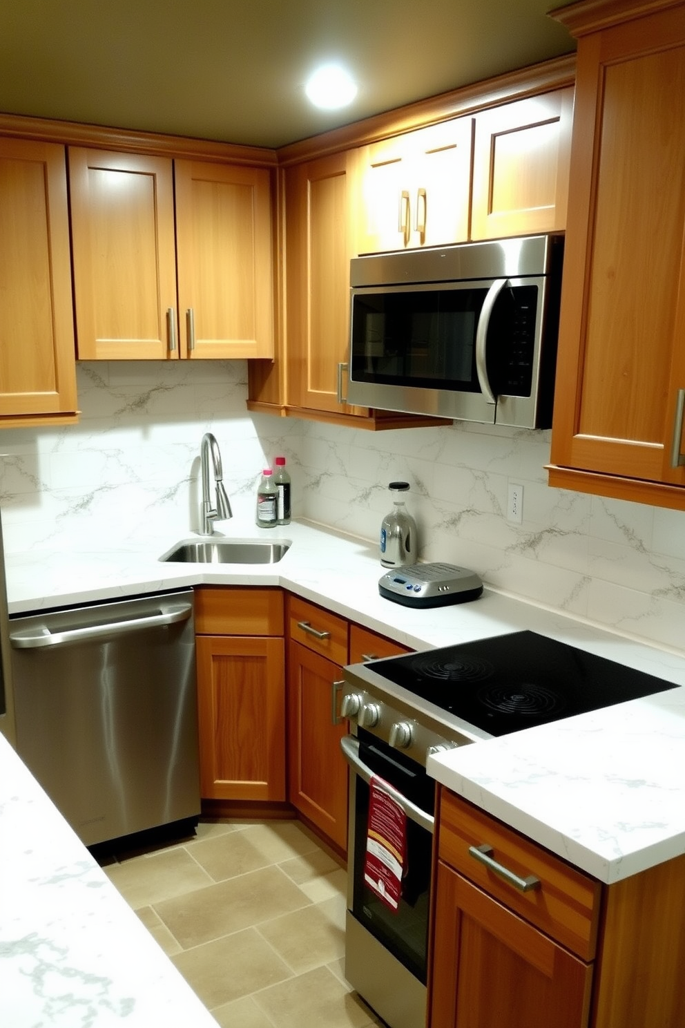 A cozy basement kitchen featuring a corner sink that optimizes countertop space. The cabinetry is a warm wood finish, complemented by a sleek quartz countertop and modern stainless steel appliances.