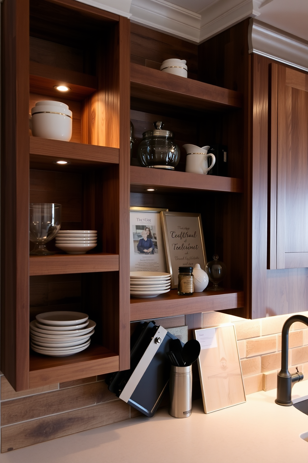 Custom shelving for personal touches. The shelves are crafted from reclaimed wood, adding warmth and character to the space. The design features a combination of open and closed shelving to display decorative items and store kitchen essentials. Soft ambient lighting highlights the personal touches and creates an inviting atmosphere.