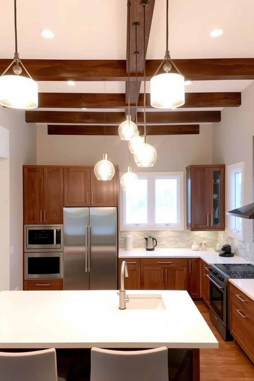 A basement kitchen featuring luxurious finishes that exude sophistication and elegance. The cabinetry is crafted from rich walnut wood with sleek brass hardware, complemented by a stunning quartz countertop that glistens under ambient lighting. An expansive island serves as the focal point, adorned with plush bar stools and a stylish pendant light overhead. The backsplash showcases intricate marble tiles, while the flooring consists of polished concrete for a modern yet warm feel.