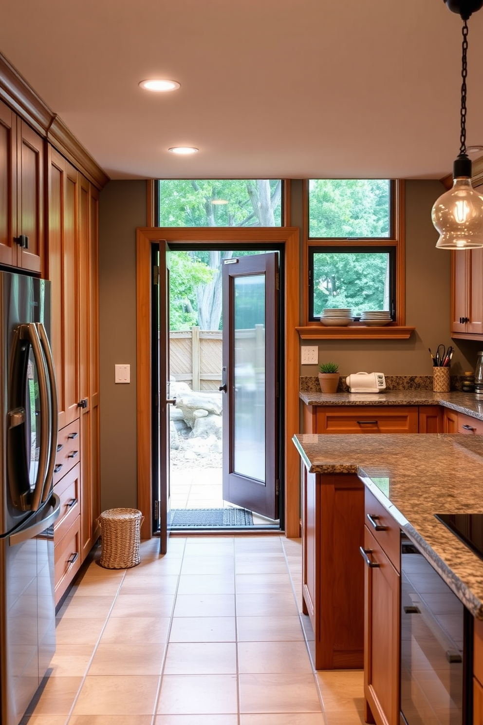 A cozy basement kitchen featuring a door that opens directly to the outdoors. The space is designed with warm wood cabinetry and a large island that encourages social gatherings.