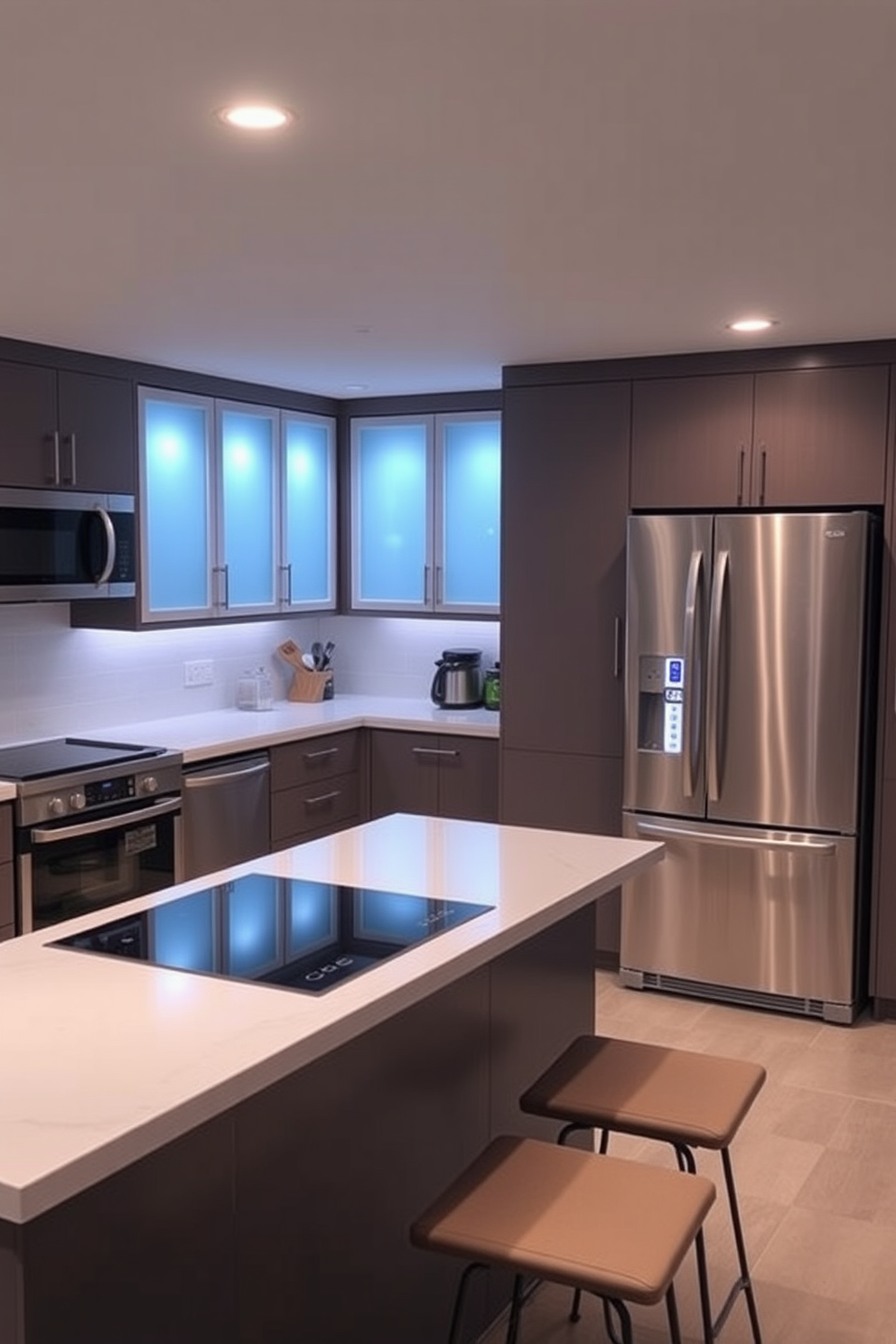 A cozy basement kitchen featuring a built-in bench for extra seating. The bench is upholstered in a soft gray fabric and positioned against a wall with open shelving above it, displaying stylish dishware and plants.