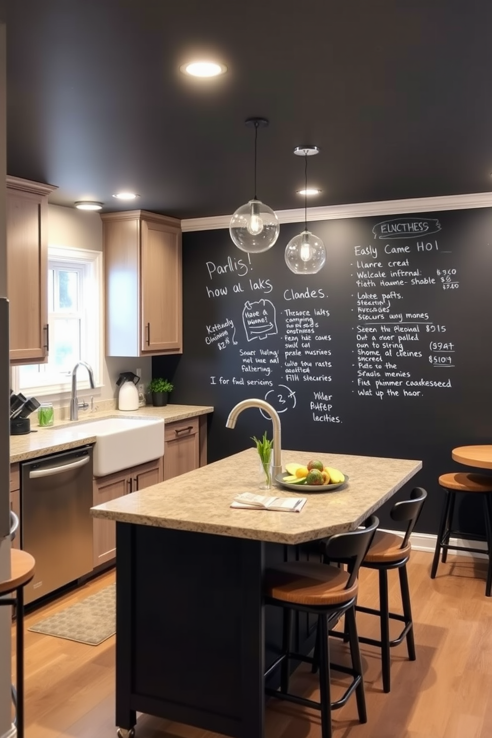 A basement kitchen with elegant finishes featuring sleek cabinetry in a deep navy blue. The countertops are made of polished white quartz, complemented by a stylish backsplash of glossy subway tiles. A large central island with bar seating provides a functional space for cooking and entertaining. Soft, ambient lighting from pendant fixtures creates a warm and inviting atmosphere in the kitchen.