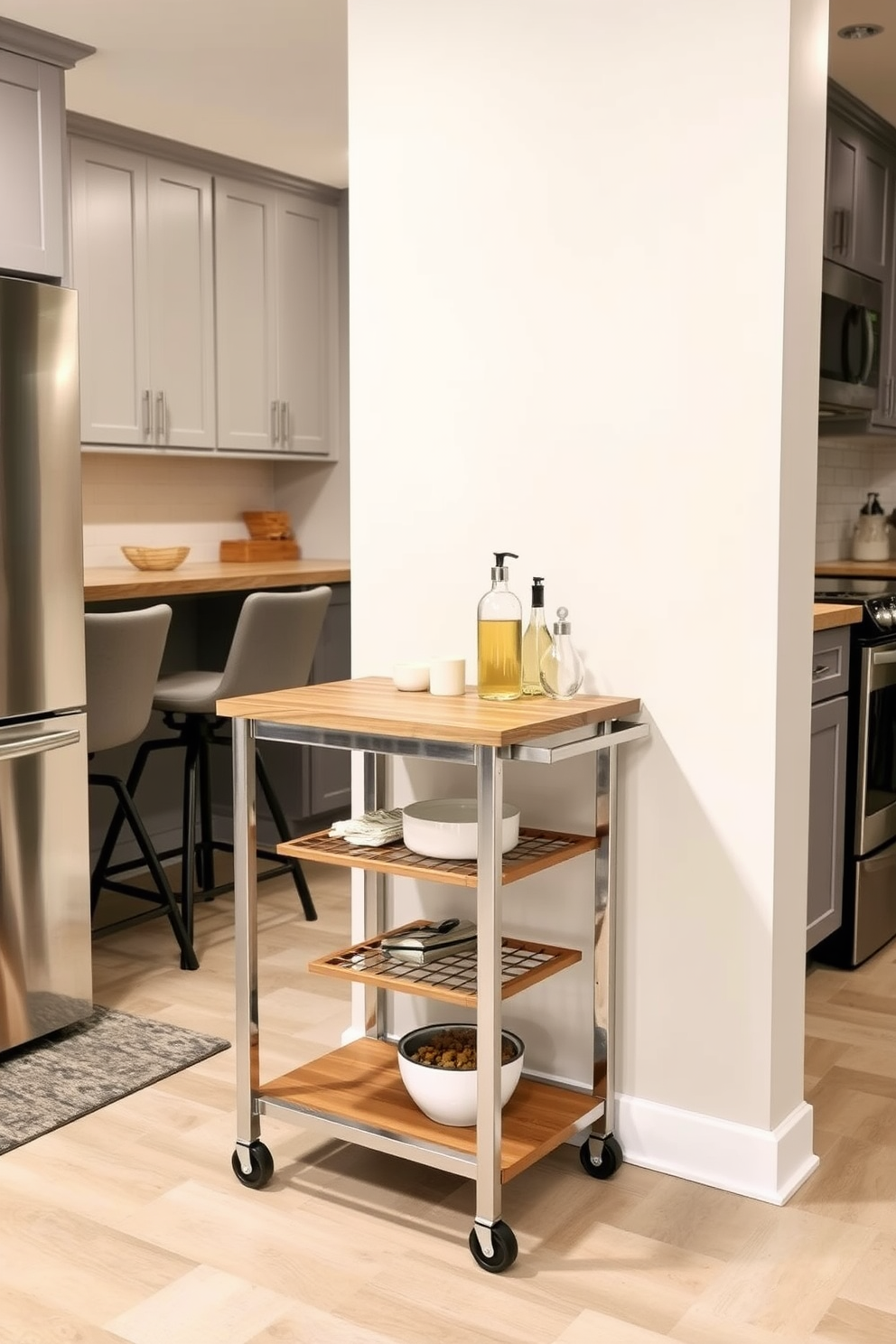 A stylish portable cart is positioned against the wall, featuring a sleek wooden surface and metal frame. It is equipped with shelves for storage and wheels for easy mobility, perfect for additional workspace in the basement kitchen. The basement kitchen showcases modern cabinetry in a soft gray finish, complemented by stainless steel appliances. A cozy seating area with bar stools is arranged around the cart, creating an inviting atmosphere for cooking and entertaining.