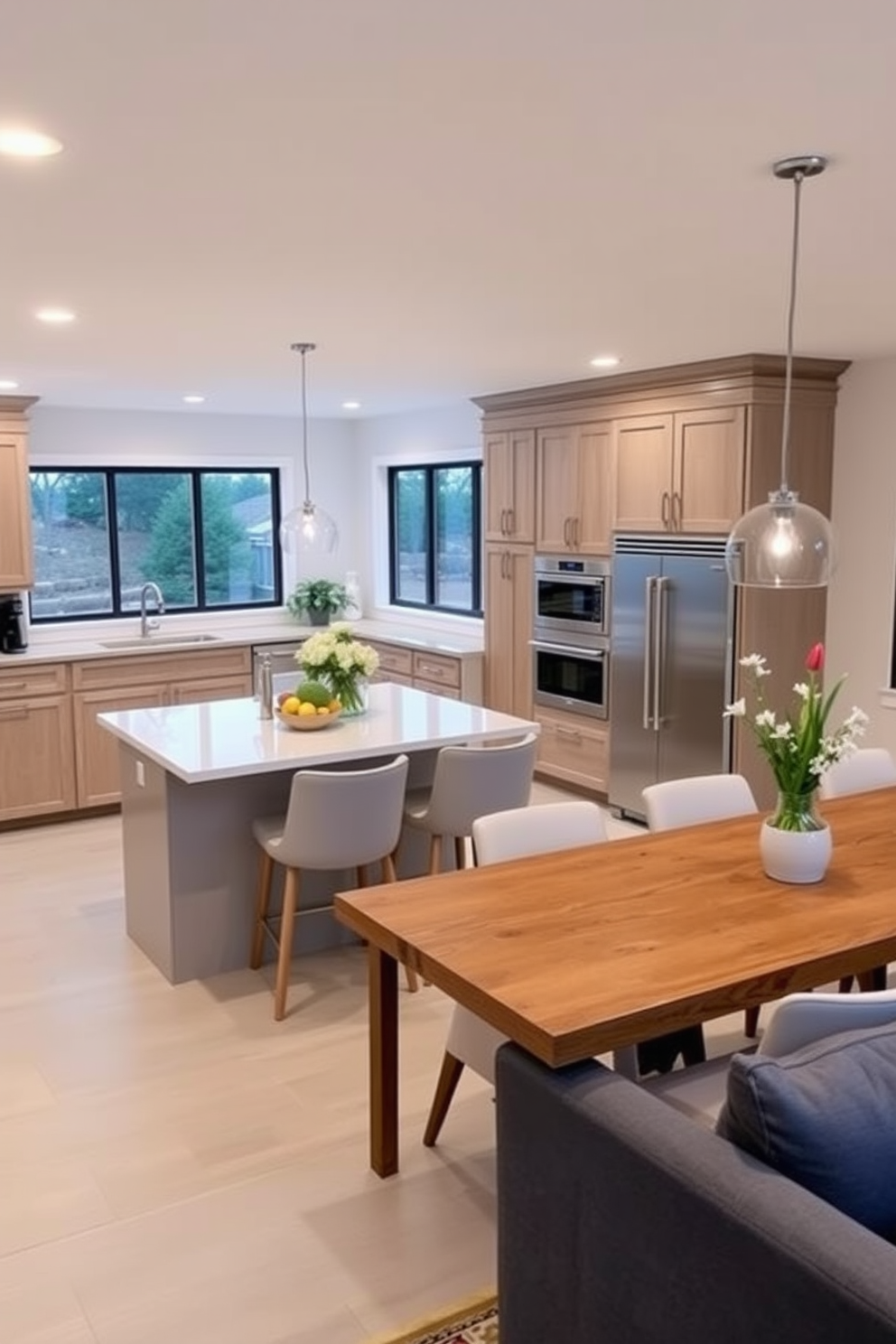 A sleek minimalist basement kitchen featuring clean lines and a monochromatic color palette. The cabinetry is seamless with hidden storage solutions that maintain a clutter-free appearance. A large island serves as both a prep space and a casual dining area with minimalist bar stools. Under-cabinet lighting highlights the sleek surfaces while maintaining a warm and inviting atmosphere.