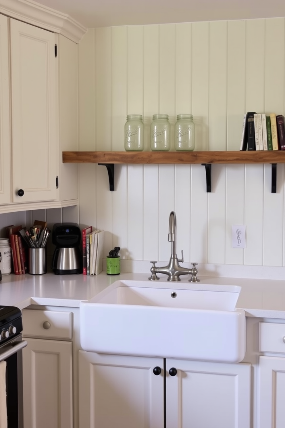 A charming basement kitchen featuring a large farmhouse sink with a vintage faucet. The cabinetry is painted in a soft pastel color, complemented by rustic wooden shelves displaying mason jars and cookbooks.