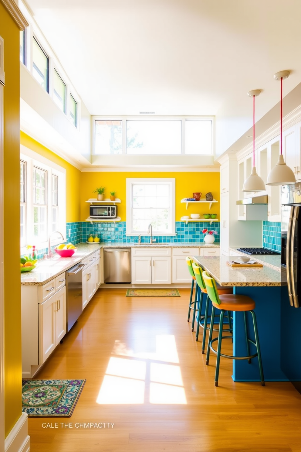 A bright and airy basement kitchen designed to maximize natural light. The walls are painted in a vibrant yellow hue, complemented by white cabinetry and bold blue accents. Large windows allow sunlight to flood the space, creating a cheerful atmosphere. A spacious island with colorful bar stools serves as the focal point, perfect for casual dining and entertaining.