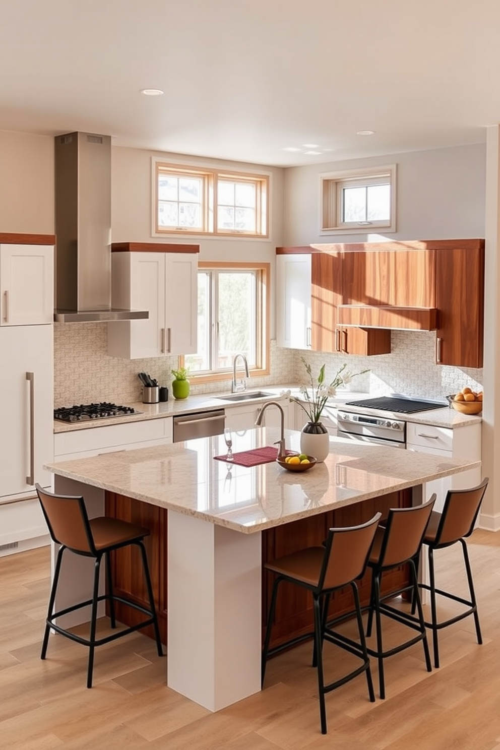 A spacious basement kitchen featuring a multi-functional island that serves as both a cooking space and a casual dining area. The island is topped with a polished quartz surface and surrounded by stylish bar stools, creating an inviting atmosphere for family gatherings. The cabinetry is a blend of sleek white and rich wood finishes, providing ample storage and a modern aesthetic. Large windows allow natural light to flood the space, enhancing the warm tones of the decor and making the kitchen feel open and airy.