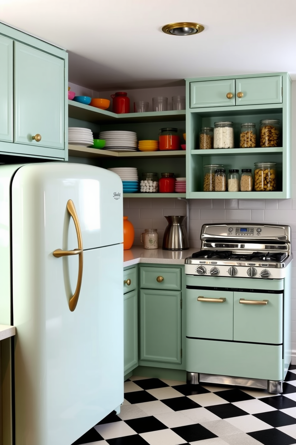 A charming basement kitchen featuring vintage appliances that evoke a retro vibe. The space includes a classic refrigerator with rounded edges and a pastel color finish, alongside a retro-style stove in a matching hue. The cabinets are painted in a soft mint green, complemented by brass hardware for an authentic vintage touch. A checkered black and white floor adds to the nostalgic atmosphere, while open shelving displays colorful dishware and glass jars filled with pantry staples.