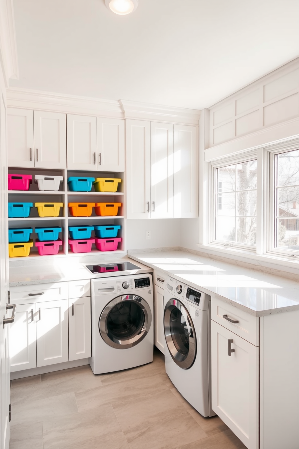 A bright and airy basement laundry room featuring ample natural light streaming through large windows. The space includes a modern washer and dryer set, surrounded by sleek cabinetry painted in a soft white color. A spacious countertop made of polished quartz provides plenty of room for folding clothes. The floor is covered in light gray tiles, and colorful storage bins are neatly organized on open shelves for easy access.