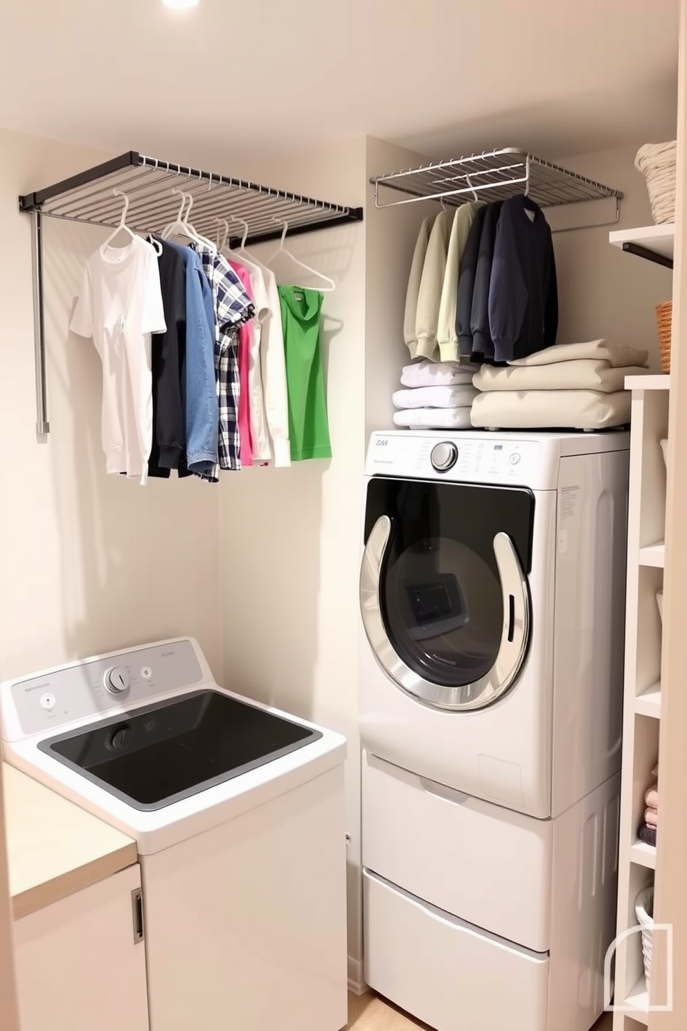 A functional basement laundry room features a wall-mounted drying rack that provides ample space for hanging clothes. The room is equipped with a modern washer and dryer set, complemented by a sleek countertop for folding laundry. The walls are painted in a light, airy color, creating an inviting atmosphere. Storage solutions include open shelving and baskets to keep the space organized and clutter-free.