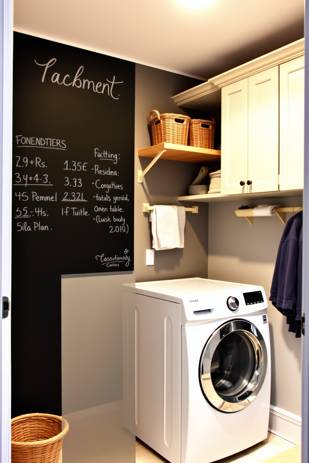 A modern basement laundry room featuring energy-efficient appliances that maximize space. The layout includes stacked washer and dryer units, surrounded by sleek cabinetry in a light gray finish for a clean and organized look. The floor is adorned with durable vinyl tiles that mimic the appearance of wood, providing warmth to the space. Bright LED lighting illuminates the room, enhancing the functionality and creating a welcoming atmosphere.