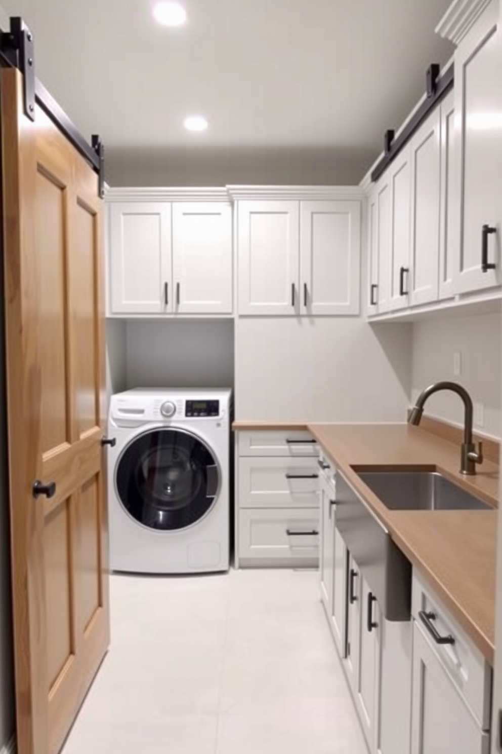 A modern basement laundry room features sliding barn doors that seamlessly blend functionality with style. The room is equipped with a sleek washer and dryer set, surrounded by custom cabinetry for ample storage. The walls are painted in a light gray hue, creating a bright and airy atmosphere. A large utility sink sits adjacent to the appliances, with a stylish countertop that offers additional workspace.