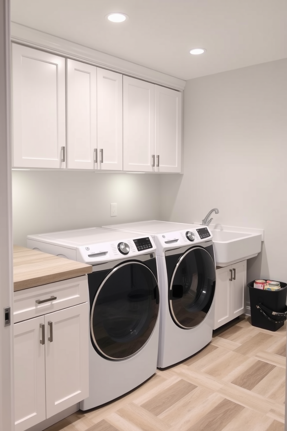 A functional basement laundry room features a spacious countertop for sorting laundry, made of durable laminate for easy maintenance. The room is equipped with front-loading washers and dryers, placed side by side for efficient use of space. Bright white cabinetry above provides ample storage for laundry essentials, while a utility sink is conveniently located next to the countertop. The walls are painted in a light gray hue, creating a fresh and clean atmosphere, and the floor is finished with water-resistant vinyl planks for practicality.