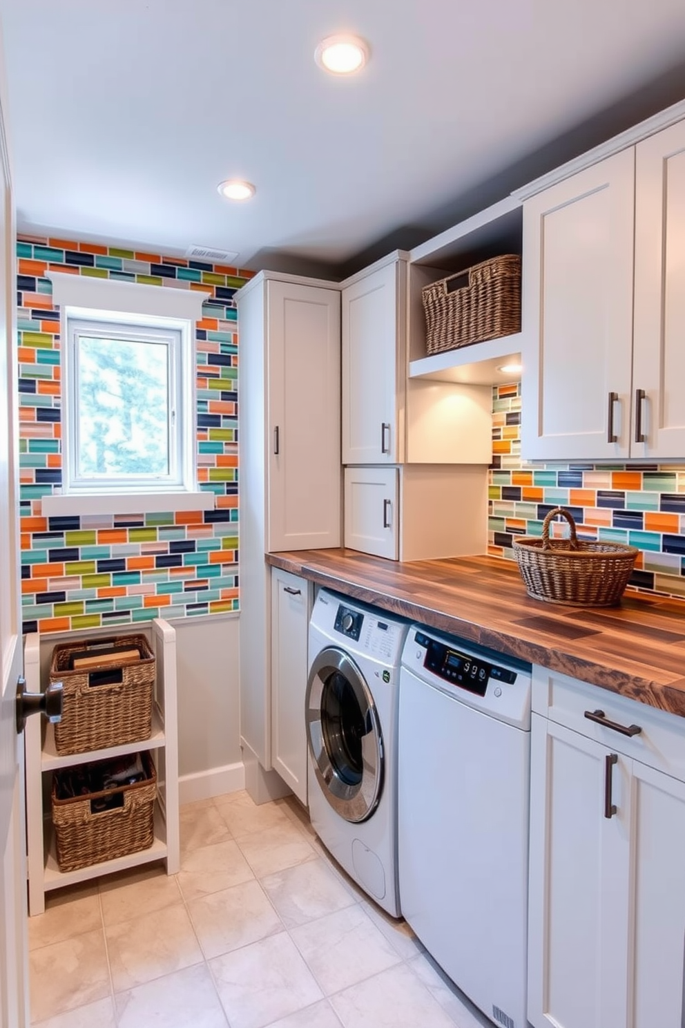 A functional basement laundry room featuring a small desk for multitasking. The space includes a washer and dryer side by side, with ample countertop space above for folding clothes and sorting laundry. The walls are painted in a soft blue hue, complemented by white cabinetry that provides storage for laundry supplies. A stylish pendant light hangs from the ceiling, illuminating the area while a small potted plant adds a touch of greenery to the desk.