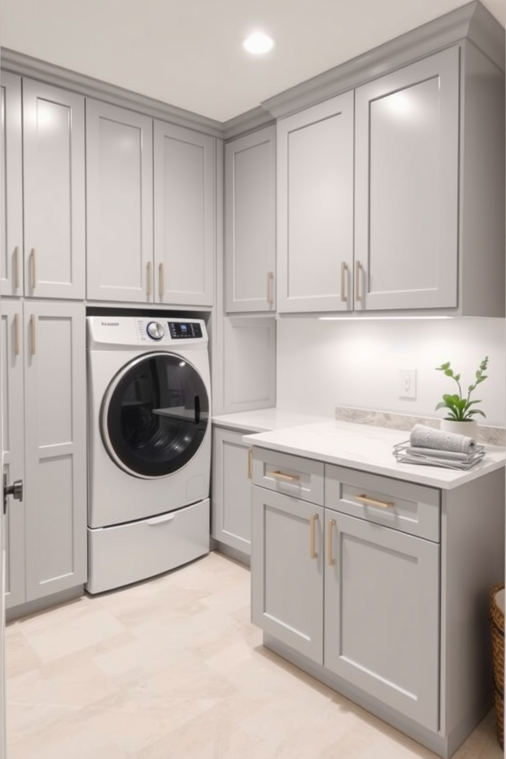 A stylish basement laundry room featuring cabinets in a vibrant teal color that adds a pop of energy to the space. The countertops are made of sleek white quartz, providing a clean and modern surface for folding clothes. The room is well-lit with recessed lighting and a large window that allows natural light to flood in. A comfortable area rug in a coordinating color is placed in front of the washer and dryer for added comfort and style.