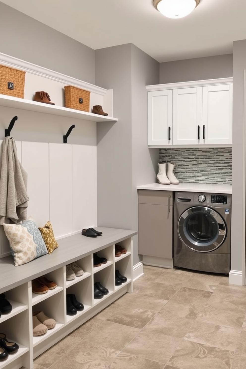 Create a mudroom area designed for shoes with built-in storage benches and cubbies for organization. The walls are painted in a soft gray, and the floor features durable tile that can withstand heavy foot traffic. Design a basement laundry room that maximizes space and functionality. Include a large countertop for folding clothes, ample cabinetry for storage, and a stylish backsplash to add a touch of elegance.