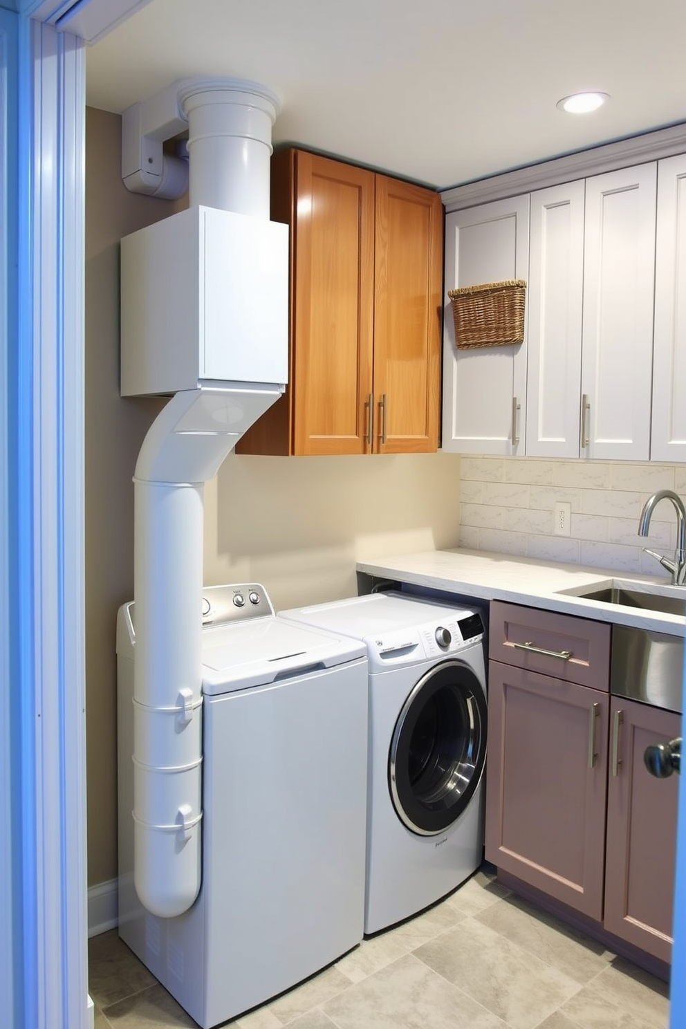 A cozy basement laundry room features a spacious layout with ample storage cabinets in a soft grey finish. The room is illuminated by natural light streaming in through a small window, creating a bright and inviting atmosphere. A large, plush rug in a warm, neutral tone is placed in the center of the room, adding comfort underfoot. The laundry appliances are sleek and modern, positioned next to a folding station with decorative baskets for organization.