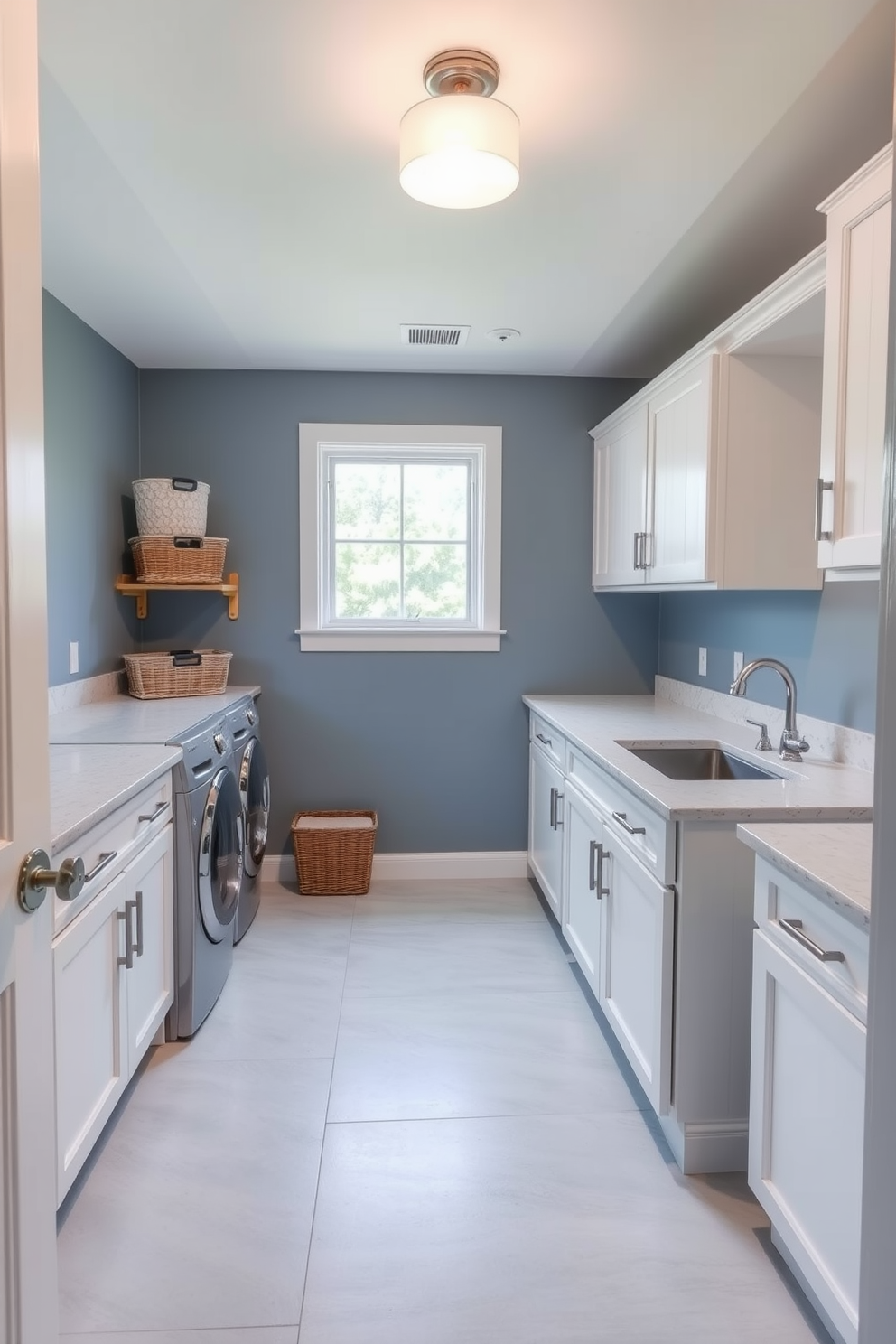 A serene basement laundry room designed for tranquility. The walls are painted in soft blue tones, complemented by white cabinetry and natural wood accents. The flooring features light gray tiles that enhance the spacious feel. A large window allows natural light to flood the room, creating a bright and inviting atmosphere. A stylish countertop made of quartz provides ample space for folding laundry. Decorative baskets in neutral tones are neatly arranged for storage, adding both functionality and charm.