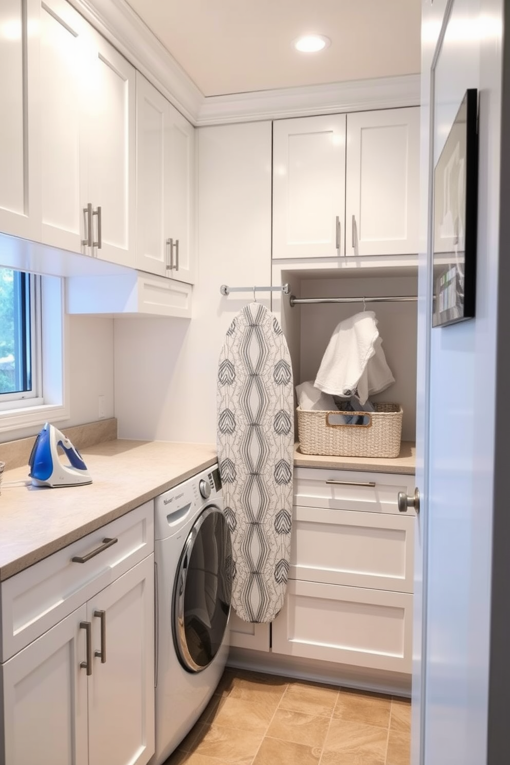 A bright and airy basement laundry room features a large window that allows natural light to flood the space. The walls are painted in a soft white, and the floor is covered with light gray tiles that are easy to clean. A stylish washer and dryer are set side by side, with a wooden countertop above for folding clothes. Potted plants in the corners add a touch of greenery, while open shelves hold neatly organized laundry supplies and decorative baskets.