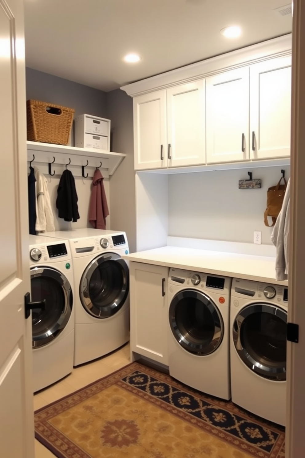 A functional basement laundry room featuring ample storage solutions. The room includes a large countertop for folding clothes, with decorative hooks installed on the wall for easy access to frequently used items. The color scheme consists of soft gray walls paired with white cabinetry for a clean and modern look. Bright LED lighting illuminates the space, and a stylish rug adds a touch of warmth to the floor.