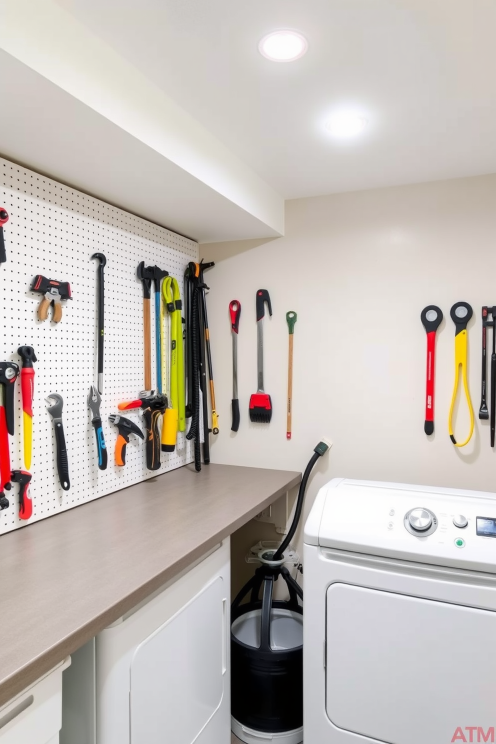 A functional basement laundry room features a pegboard wall for efficient tool organization. The space is illuminated by bright overhead lighting, creating a clean and inviting atmosphere.