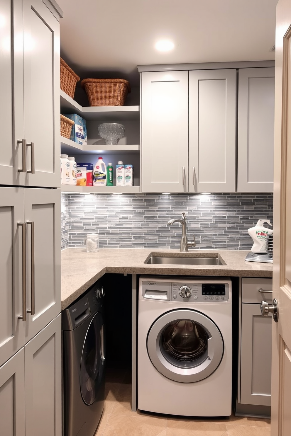 A modern basement laundry room featuring a utility sink for practicality. The space is designed with sleek cabinetry in a soft gray finish and a durable countertop that provides ample workspace. Bright LED lighting illuminates the room, highlighting the organized shelves stocked with cleaning supplies. A washer and dryer set is neatly tucked away, with a stylish backsplash adding a pop of color to the overall design.