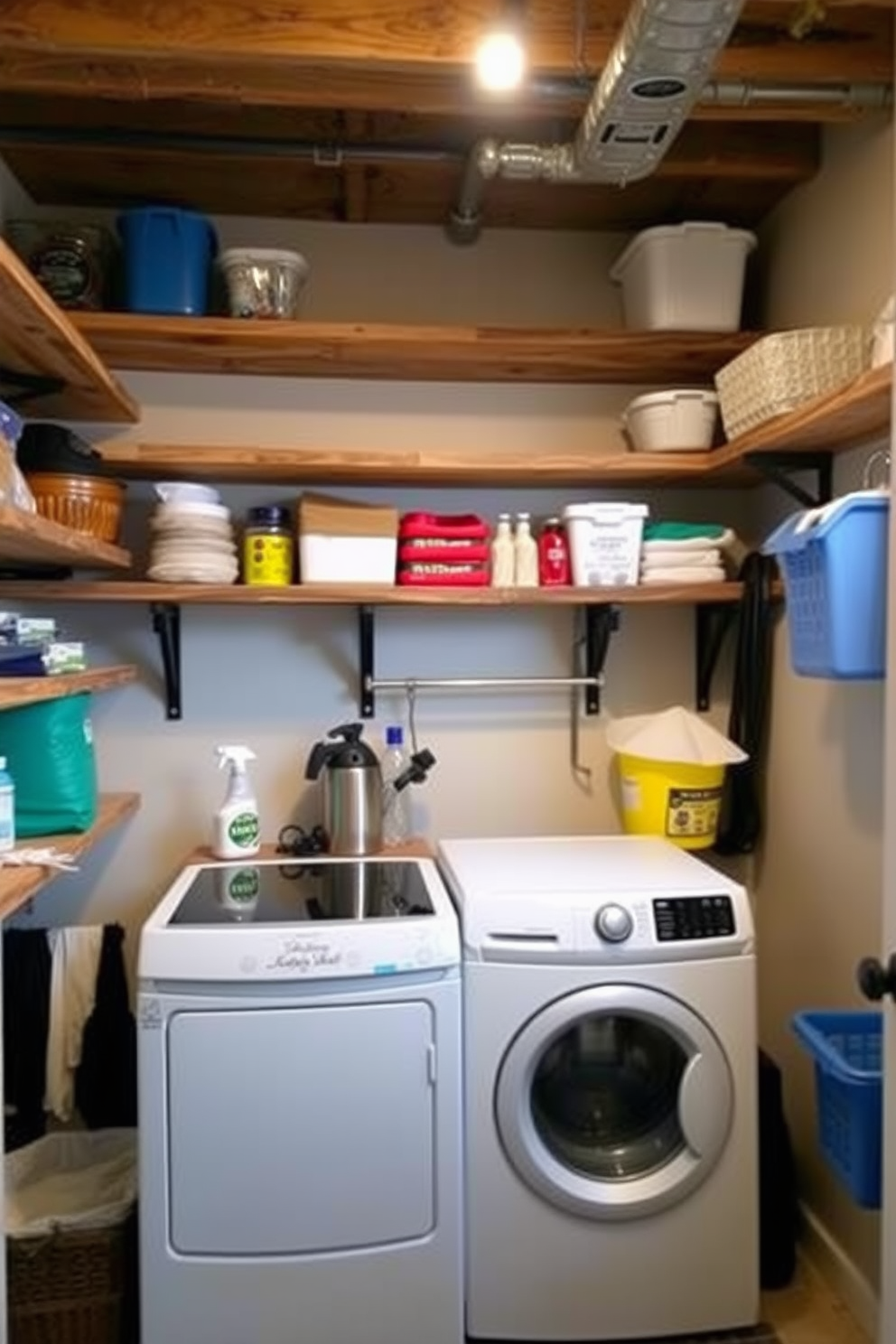 A vibrant basement laundry room with bold patterned wallpaper creating a fun accent wall. The room features a modern washer and dryer with sleek cabinetry in a complementary color, and a stylish folding station with ample storage above.