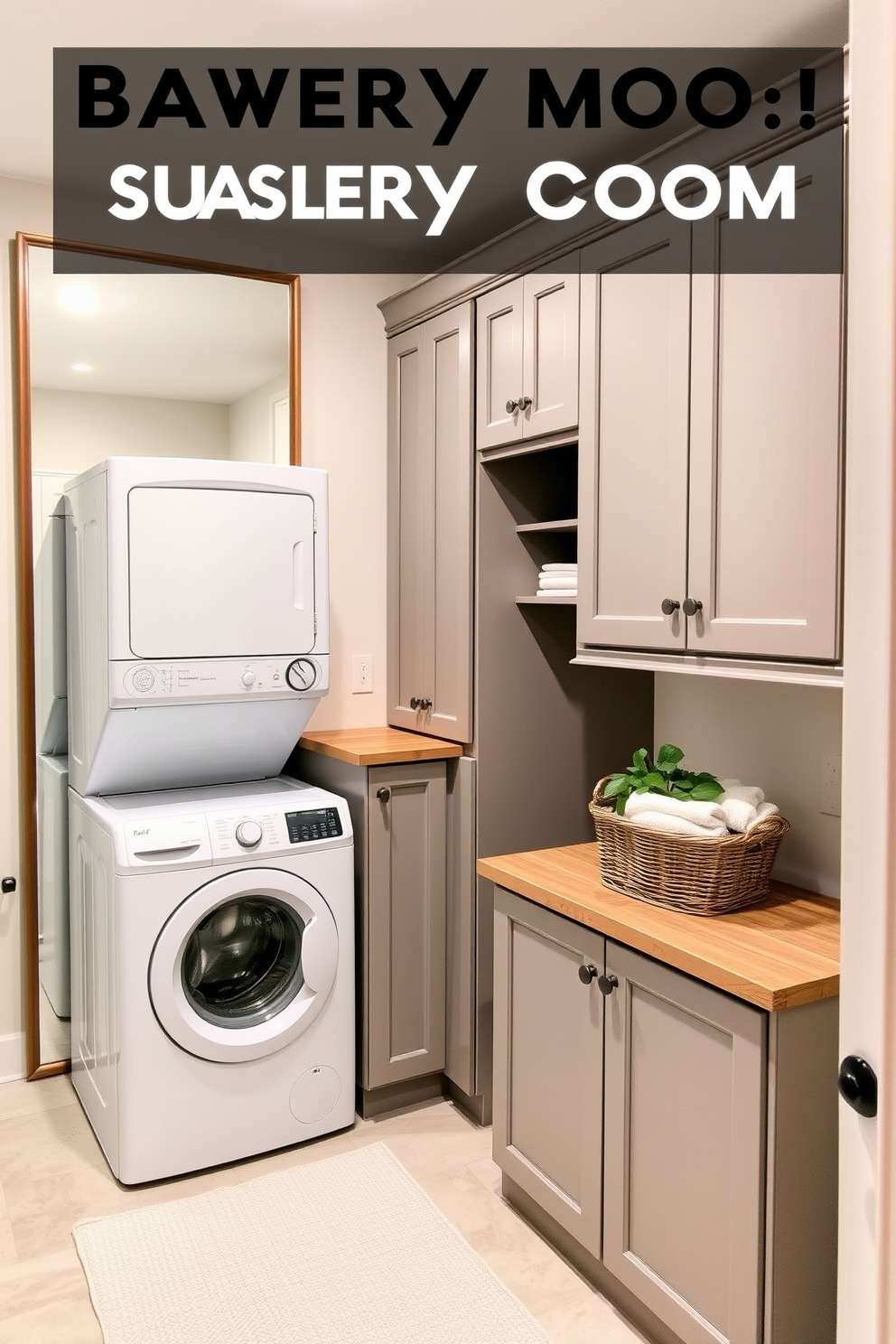 A stylish basement laundry room featuring a large wall mirror that reflects natural light and creates an open feel. The room includes a sleek white washer and dryer stacked to save space, with a wooden countertop above for folding clothes. On one side, there are built-in cabinets painted in a soft gray, providing ample storage for laundry essentials. A decorative basket filled with fresh towels sits next to a potted plant on the countertop, adding a touch of greenery to the design.