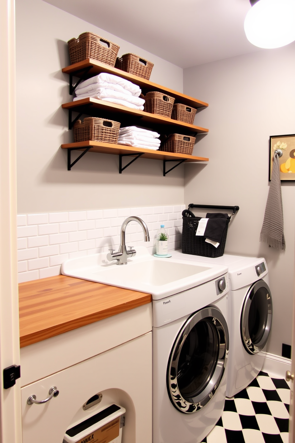 A vintage style sink with modern fixtures is the focal point of this basement laundry room. The walls are painted in a soft gray color, creating a cozy atmosphere, while the floor is adorned with classic black and white checkered tiles. To the left of the sink, there is a stylish wooden countertop that provides ample workspace. Above the countertop, open shelving displays neatly folded towels and decorative storage baskets, adding both functionality and charm.