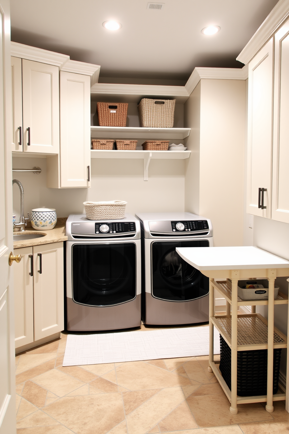 A modern basement laundry room featuring a spacious folding station with a sleek countertop made of quartz. The walls are painted in a light gray hue, and the floor is adorned with durable vinyl tiles that mimic wood.