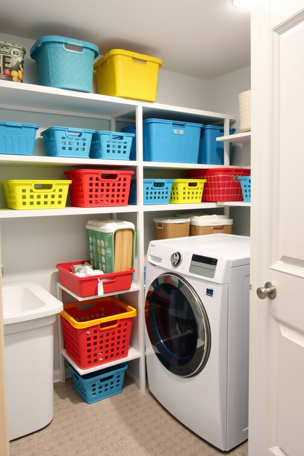 A bright and cheerful basement laundry room features colorful baskets neatly arranged on open shelving for organized storage. The walls are painted in a light, refreshing hue, and the flooring is a durable, water-resistant material that complements the overall design.