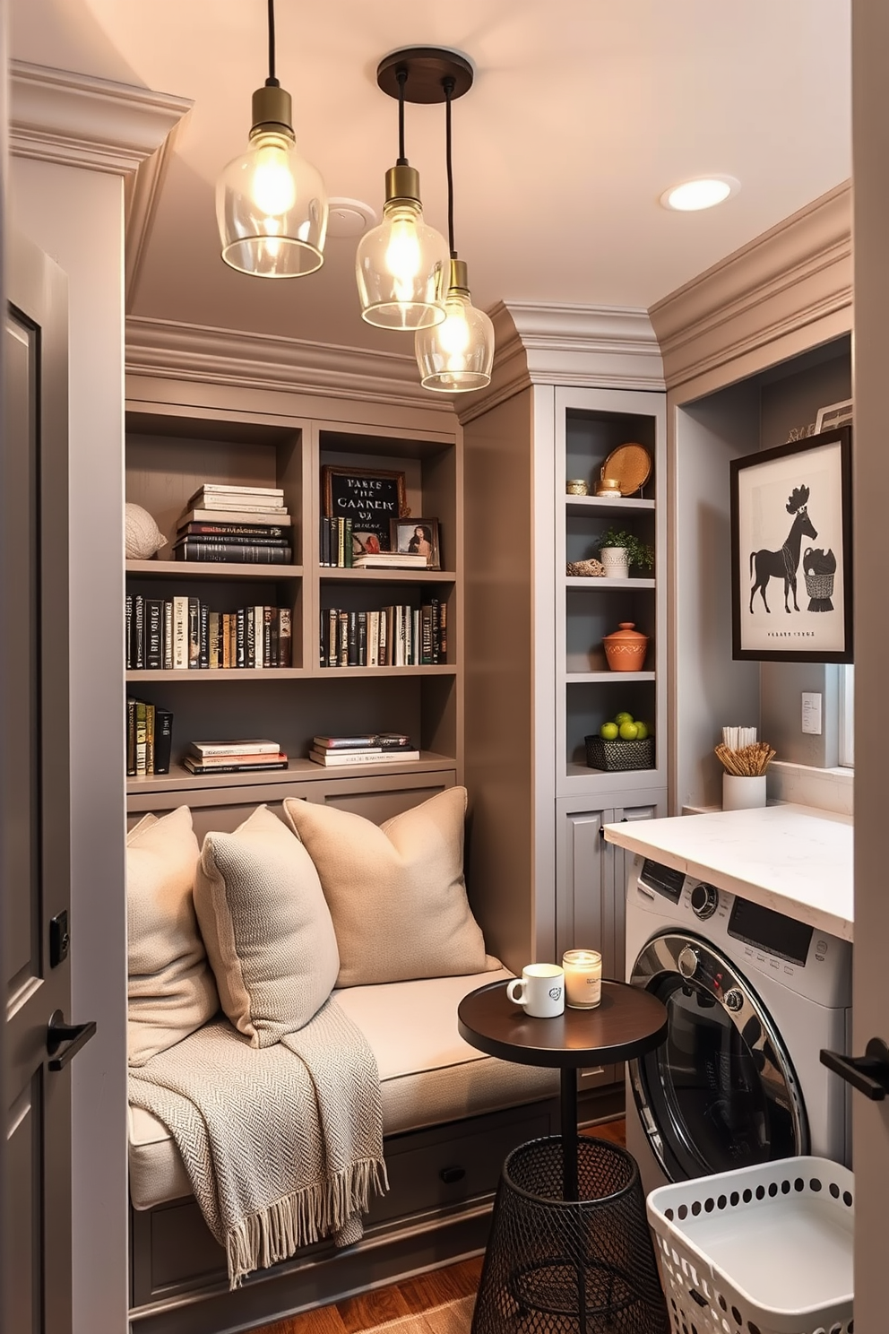 A cozy reading nook with a plush armchair upholstered in soft gray fabric, positioned near a large window that lets in natural light. A small side table holds a steaming cup of tea and a stack of books, while a warm throw blanket drapes over the armchair. The nook is surrounded by built-in shelves filled with books and decorative items, creating an inviting atmosphere. Soft lighting from a nearby floor lamp enhances the warmth of the space, making it the perfect spot for relaxation and reading.