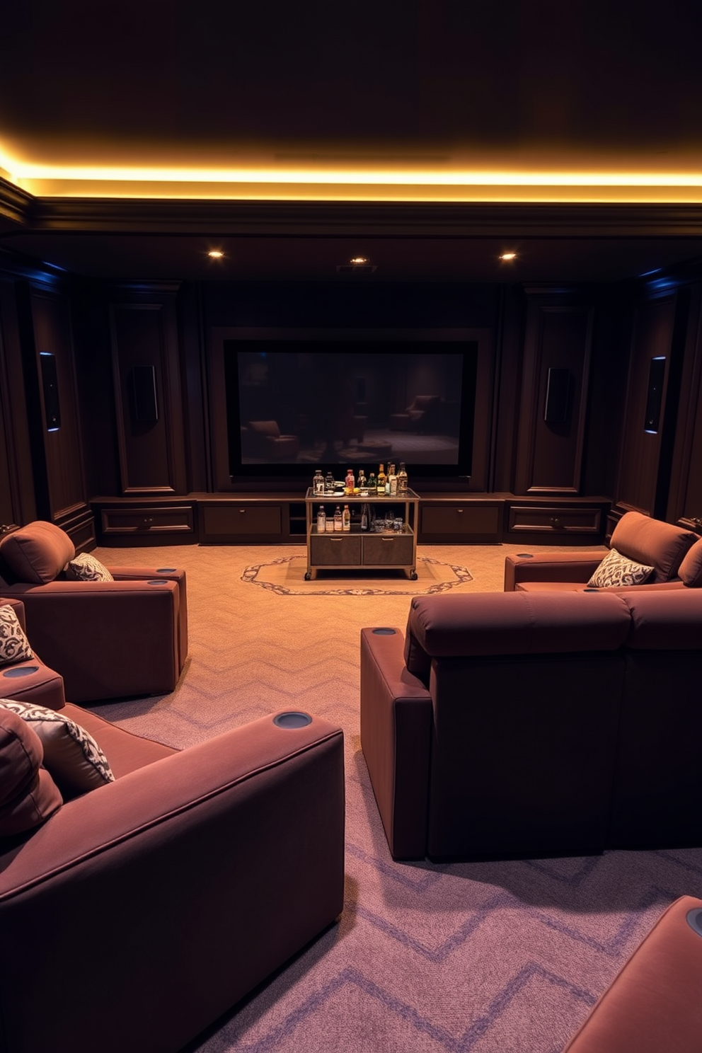 A luxurious home theater featuring plush, oversized seating arranged in a semi-circle for optimal viewing. The walls are painted in a dark, rich color, and soft ambient lighting creates a cozy atmosphere. The room includes a large screen mounted on the wall, with high-quality speakers integrated into the design. A stylish bar cart is positioned at the back, stocked with snacks and beverages for an immersive movie experience.