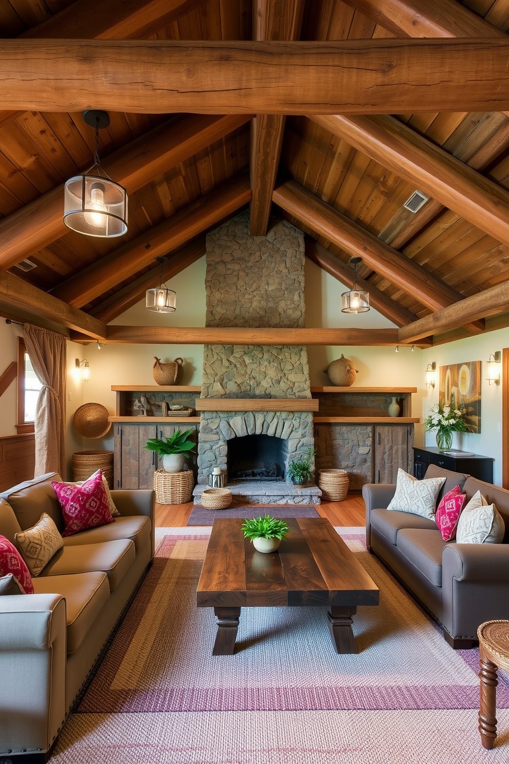 A cozy basement living room featuring rustic wooden beams that create a warm and inviting atmosphere. The space is adorned with comfortable furniture, including a large sectional sofa and a reclaimed wood coffee table, enhancing the cabin feel. Soft lighting fixtures hang from the beams, casting a gentle glow over the room. A stone fireplace serves as the focal point, surrounded by natural elements like woven baskets and greenery for a touch of nature.