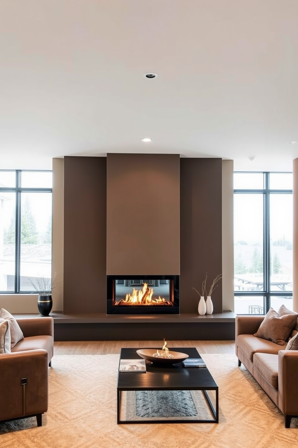 A modern fireplace serves as the stunning focal point of the basement living room. The sleek design features a minimalist frame with a linear shape, surrounded by a cozy seating arrangement that invites relaxation. Warm earth tones dominate the color palette, creating an inviting atmosphere. Large windows allow natural light to flood the space, enhancing the contemporary decor and highlighting the stylish furnishings.