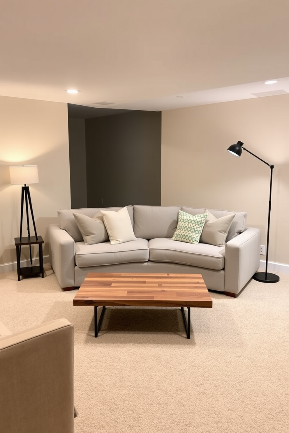 A cozy basement living room featuring soft rugs and plush cushions scattered throughout the space. The walls are painted in a warm neutral tone, and large windows allow natural light to flood in, creating an inviting atmosphere.