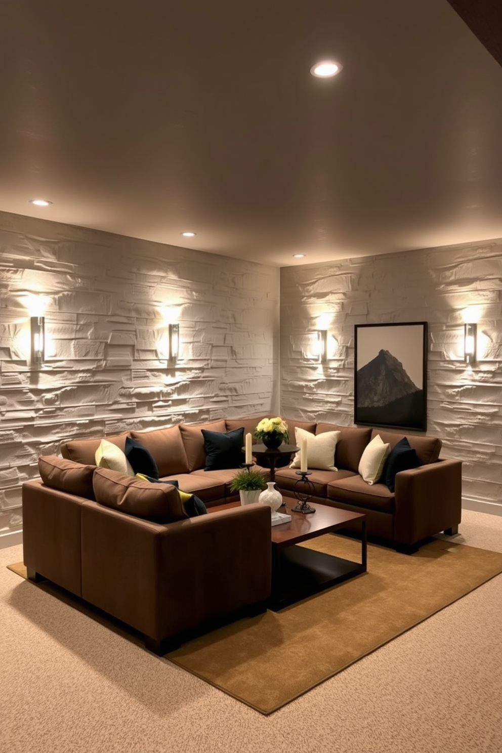 A cozy basement living room featuring wall-mounted shelves that display an array of books and decorative items. The walls are painted in a warm taupe color, and a plush sectional sofa is positioned in front of a sleek coffee table. Soft ambient lighting is provided by recessed lights and stylish floor lamps, creating a welcoming atmosphere. A large area rug anchors the seating area, while a vintage-style clock adds a touch of character to the space.