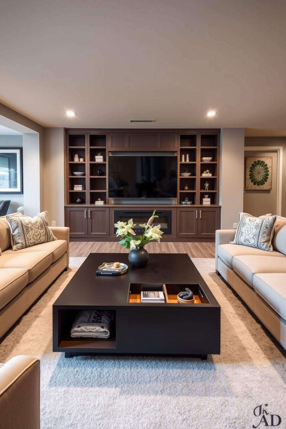 A stylish coffee table with integrated storage options sits in the center of the basement living room. Surrounding the table are plush, contemporary sofas in neutral tones, creating a cozy yet chic atmosphere.