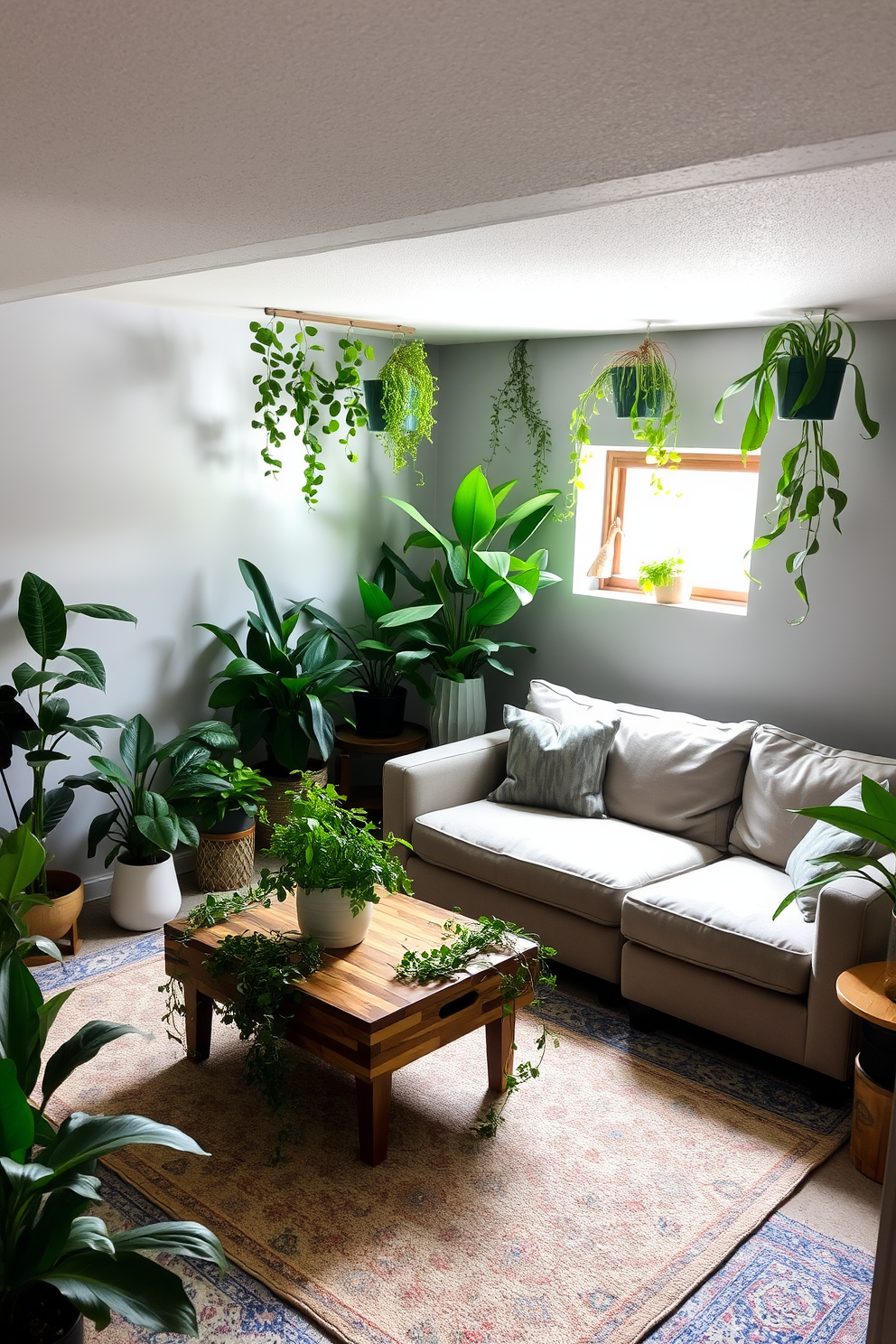 A cozy basement living room featuring an array of indoor plants strategically placed around the space. The walls are painted in a soft gray, complemented by a plush sectional sofa and a wooden coffee table adorned with greenery. Natural light filters in from a small window, enhancing the lush atmosphere created by the plants. A stylish area rug anchors the seating area, creating a warm and inviting environment perfect for relaxation.