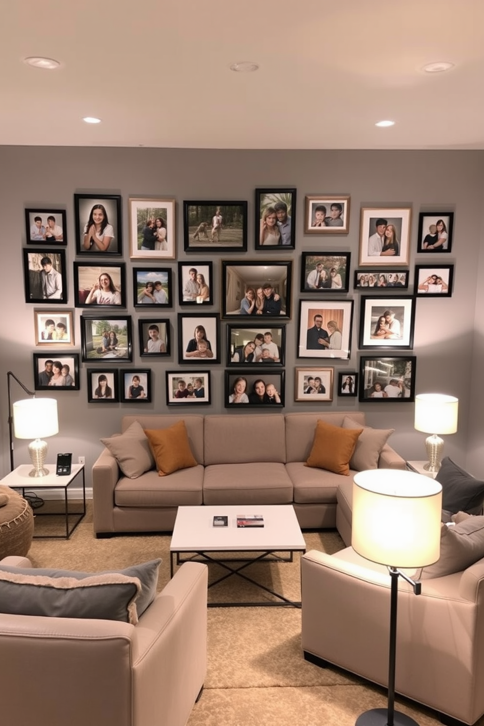 A personalized gallery wall features an array of family photos in various frames, showcasing cherished memories. The wall is painted in a soft gray tone, enhancing the warmth of the photographs. The basement living room is designed with cozy seating arrangements, including a plush sectional sofa and oversized armchairs. A modern coffee table sits at the center, surrounded by ambient lighting from stylish floor lamps.