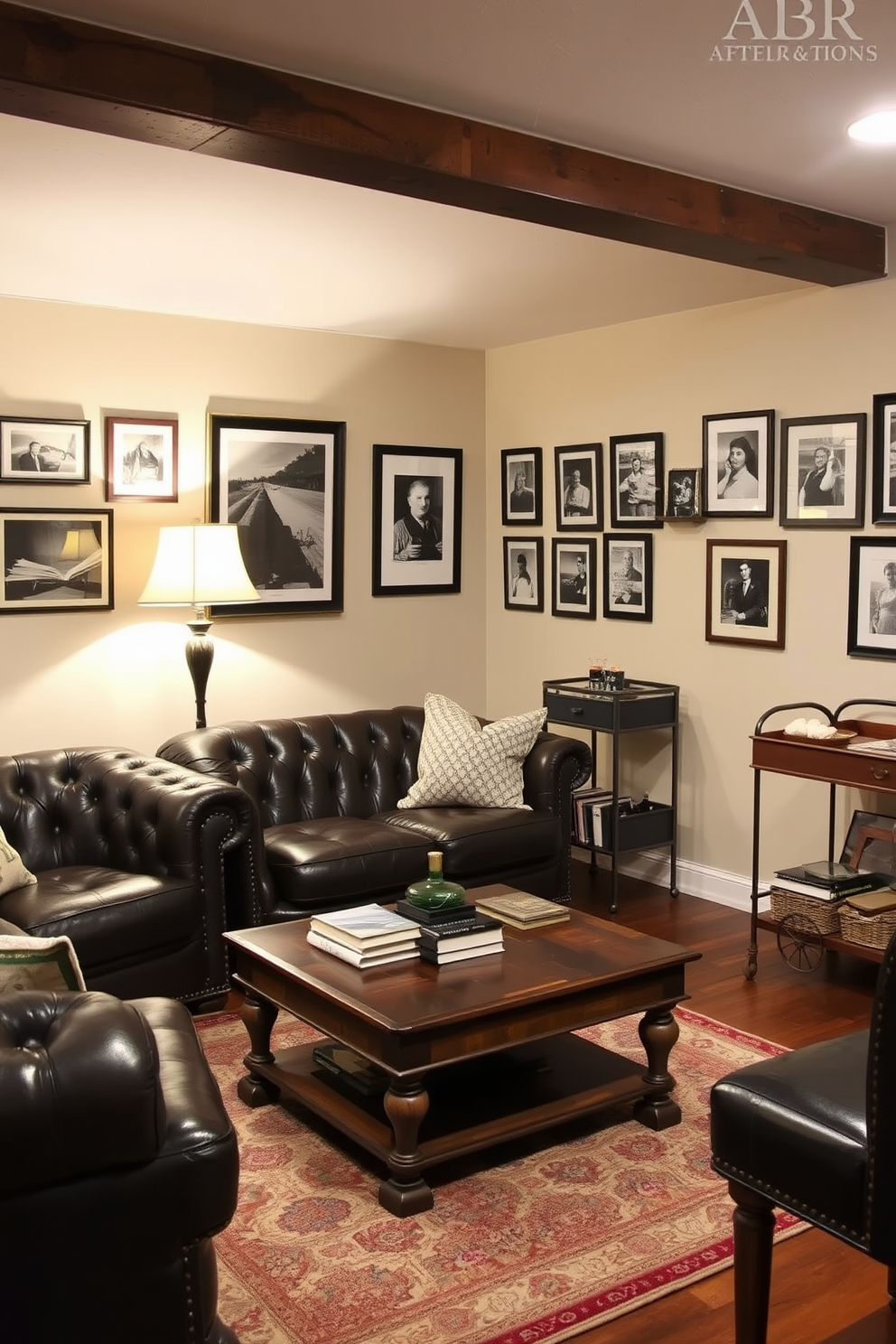 A cozy basement living room featuring vintage accents that create a timeless atmosphere. The space includes a plush, tufted leather sofa paired with an antique wooden coffee table adorned with a stack of classic books. On one side, a vintage floor lamp casts a warm glow over a patterned area rug. The walls are lined with framed black and white photographs, and a retro bar cart sits in the corner, adding charm and functionality to the room.