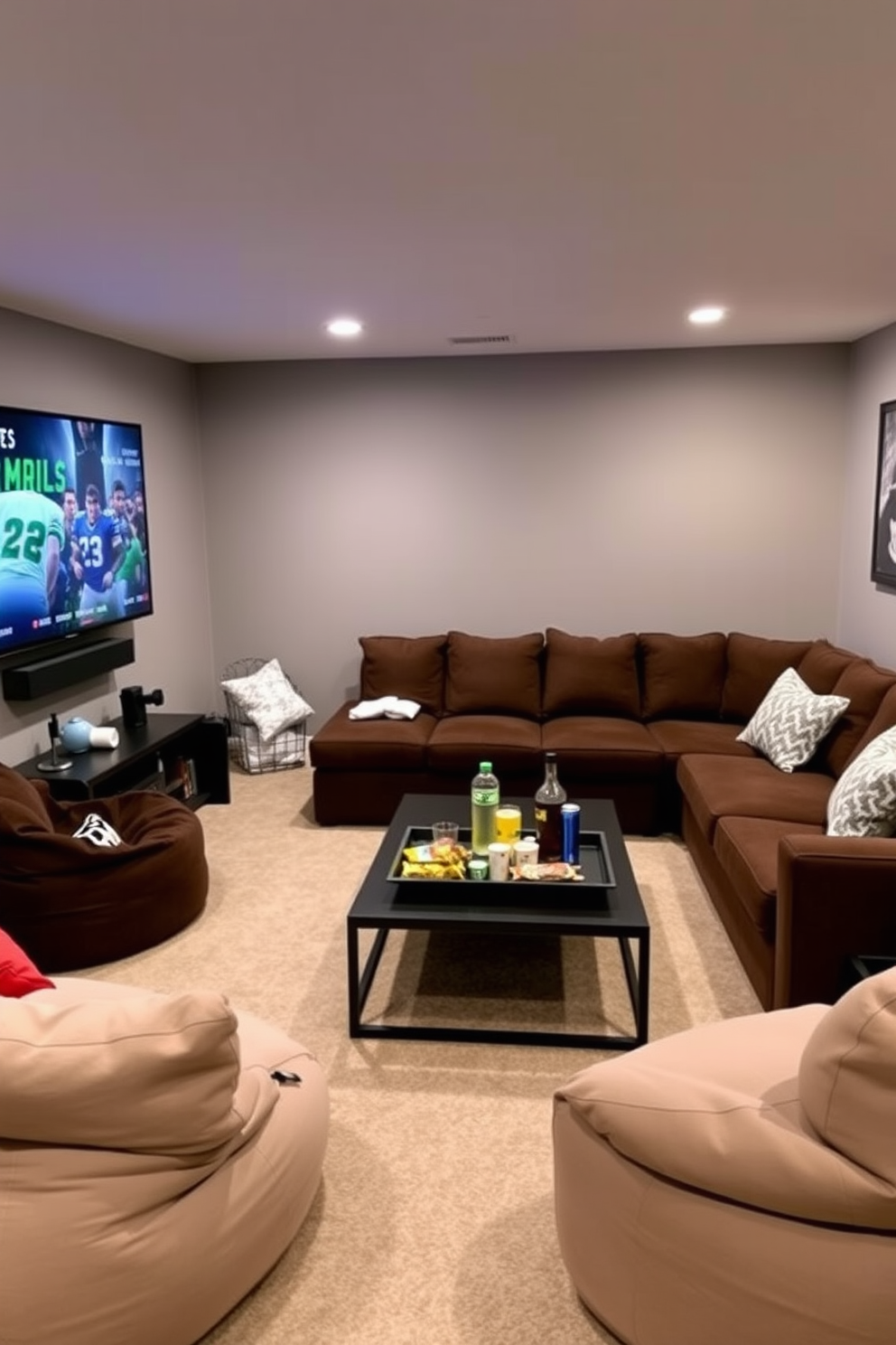 A cozy basement living room designed for movie nights and sports. The room features a large smart TV mounted on the wall, surrounded by comfortable seating options including a plush sectional sofa and bean bags. The walls are painted in a warm gray tone, creating an inviting atmosphere. A stylish coffee table sits in the center, adorned with snacks and drinks for entertaining guests.