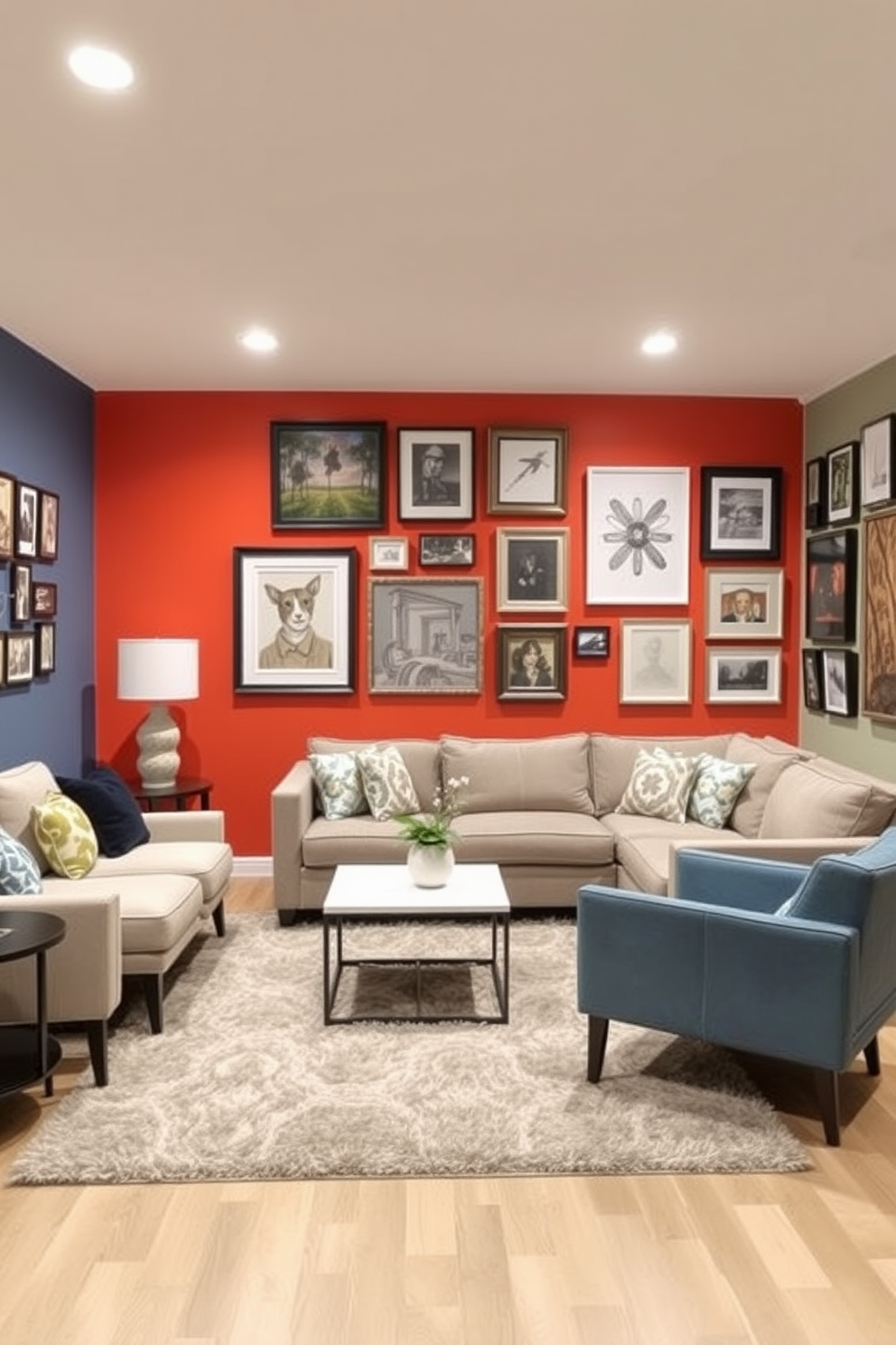 A bright accent wall painted in a vibrant color serves as the focal point of the basement living room. The wall is adorned with an eclectic display of framed artwork, showcasing a mix of styles and sizes that add personality to the space. Cozy seating arrangements are positioned to encourage conversation, featuring a plush sectional sofa and a couple of stylish armchairs. A modern coffee table sits at the center, complemented by a soft area rug that ties the design together.