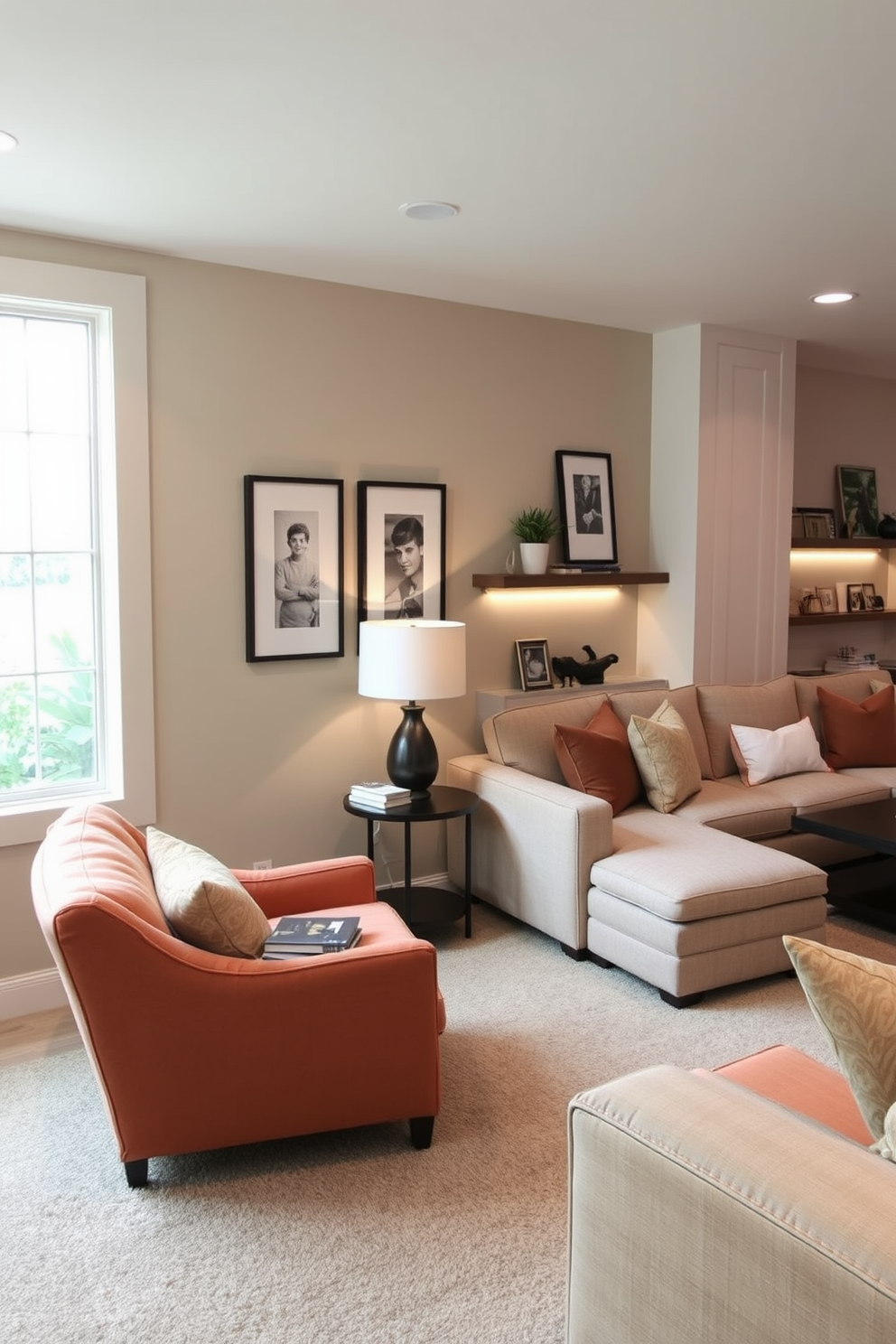 A cozy reading nook featuring two plush lounge chairs positioned near a large window. The chairs are upholstered in soft fabric with a warm color palette, complemented by a small side table holding a stack of books and a reading lamp. The basement living room is designed with a modern aesthetic, showcasing a comfortable sectional sofa and a sleek coffee table. Soft ambient lighting creates a welcoming atmosphere, while decorative shelves display curated art pieces and personal mementos.