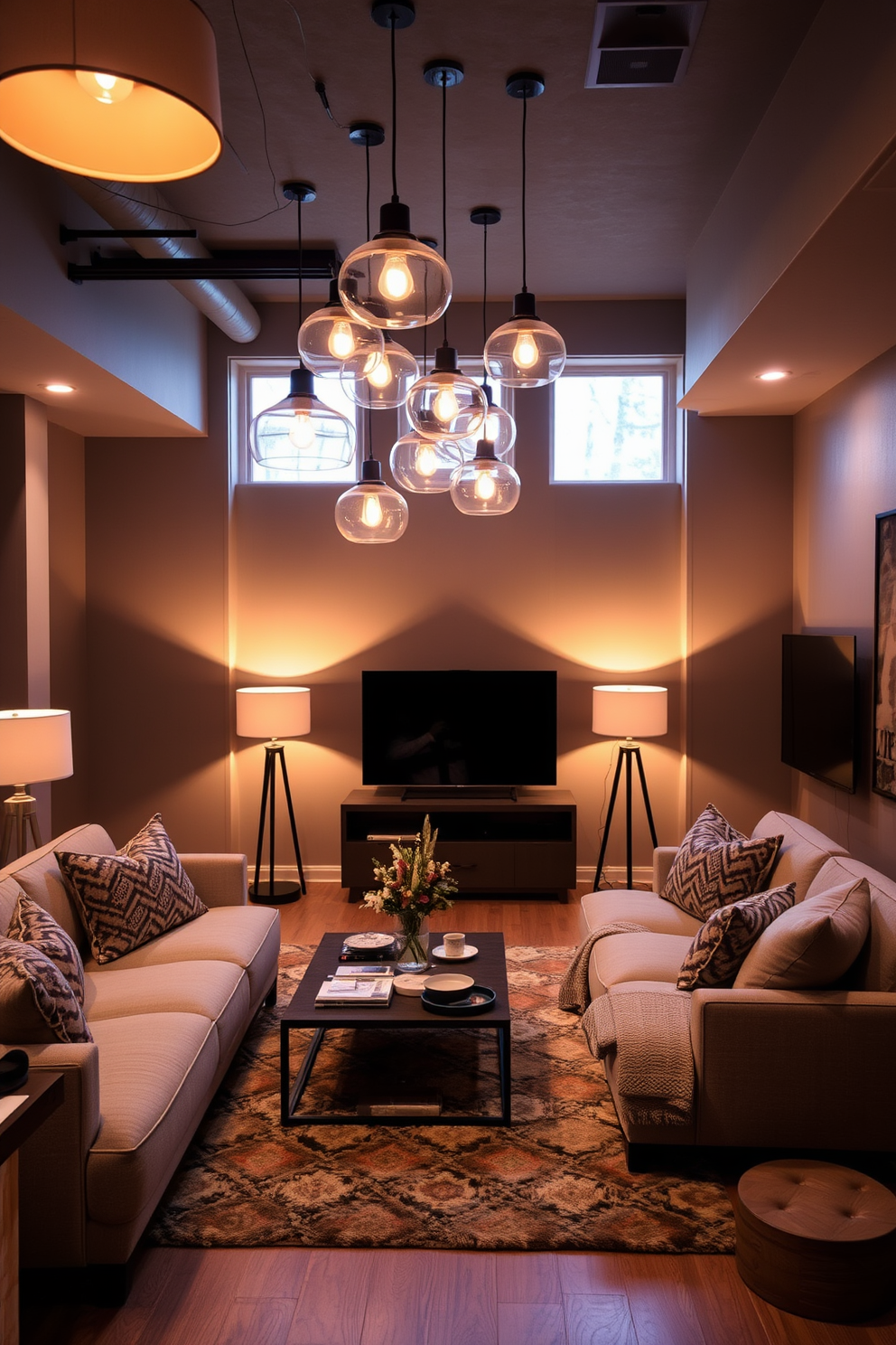 A cozy basement living room featuring layered textured fabrics that create a warm and inviting atmosphere. Plush cushions and a soft throw blanket adorn a deep-seated sofa, while a shaggy area rug anchors the space. Natural light filters in through large windows, highlighting the rich tones of the wood paneling. A stylish coffee table sits at the center, surrounded by comfortable seating that encourages relaxation and conversation.