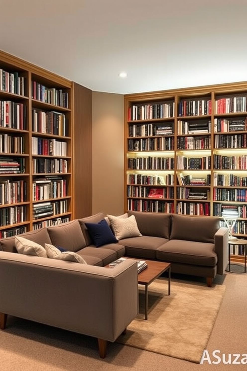 A cozy basement living room features floor-to-ceiling bookshelves filled with an extensive collection of books. A plush sofa sits in front of a modern coffee table, creating a perfect reading nook illuminated by soft ambient lighting.