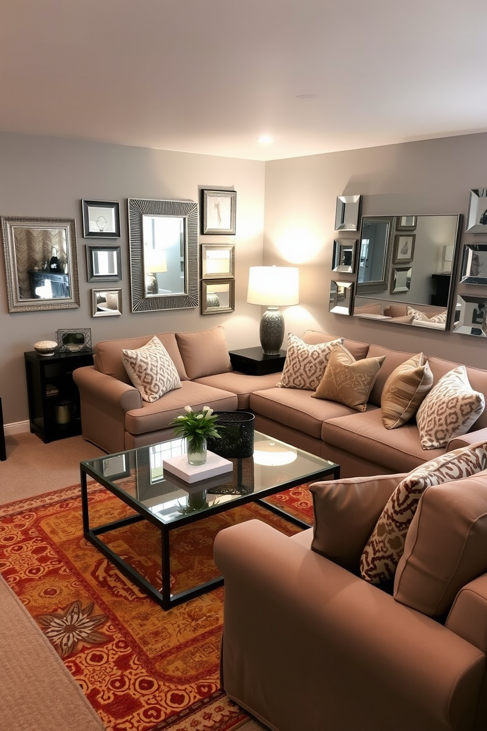 A cozy basement living room featuring decorative mirrors that create an illusion of spaciousness. The walls are painted in a soft gray, and the furniture consists of a large sectional sofa and a stylish coffee table. The mirrors are arranged in a gallery style on one wall, reflecting light and adding depth to the room. A warm area rug anchors the seating area, while accent pillows add pops of color for a welcoming atmosphere.